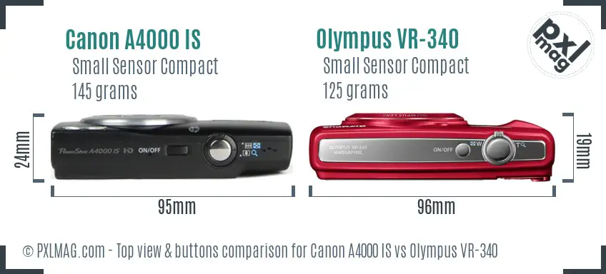 Canon A4000 IS vs Olympus VR-340 top view buttons comparison Canon A4000 IS vs Olympus VR-340 top view buttons comparison