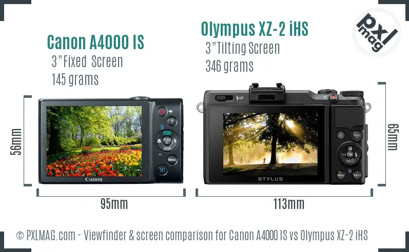 Canon A4000 IS vs Olympus XZ-2 iHS Screen and Viewfinder comparison