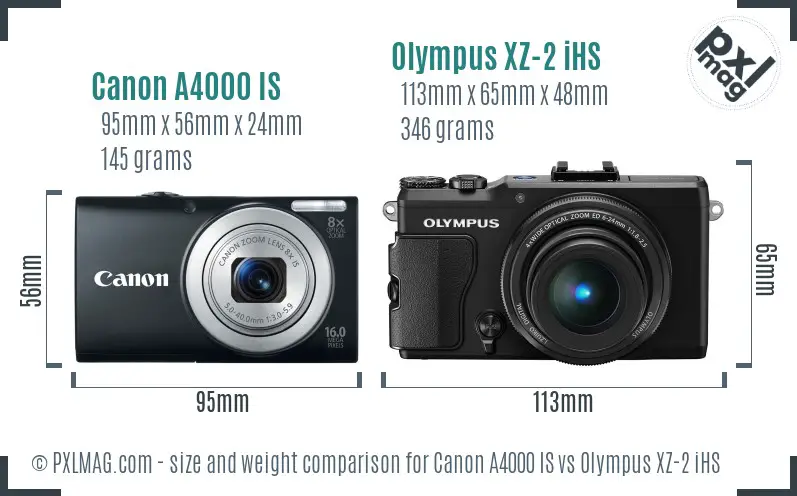 Canon A4000 IS vs Olympus XZ-2 iHS size comparison