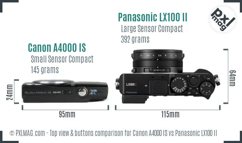 Canon A4000 IS vs Panasonic LX100 II top view buttons comparison