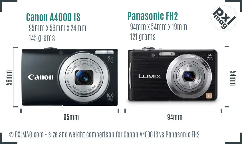 Canon A4000 IS vs Panasonic FH2 size comparison