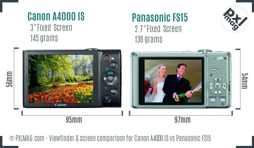 Canon A4000 IS vs Panasonic FS15 Screen and Viewfinder comparison