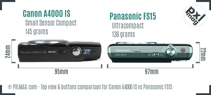 Canon A4000 IS vs Panasonic FS15 top view buttons comparison