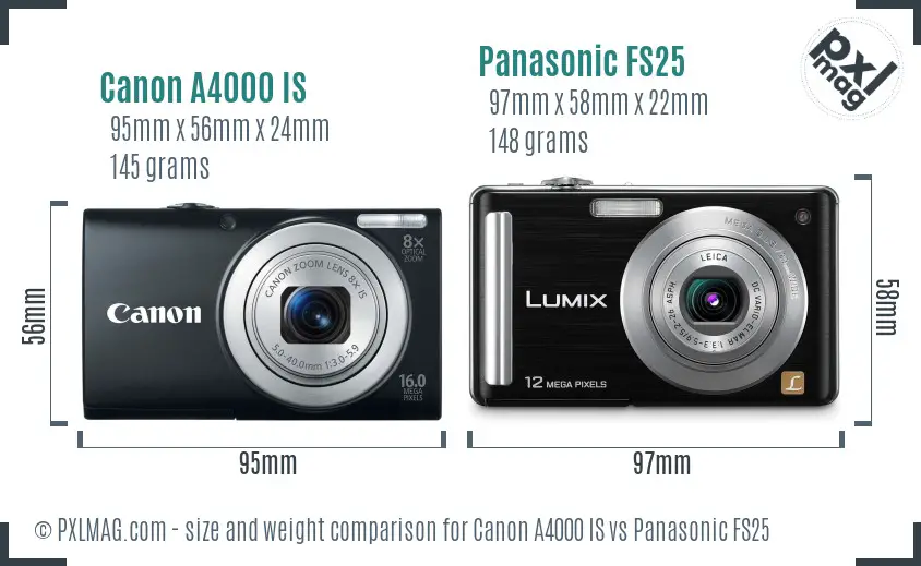 Canon A4000 IS vs Panasonic FS25 size comparison