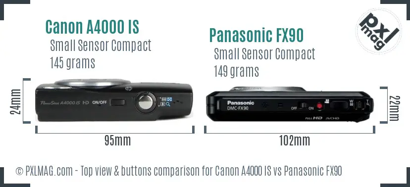 Canon A4000 IS vs Panasonic FX90 top view buttons comparison Canon A4000 IS vs Panasonic FX90 top view buttons comparison