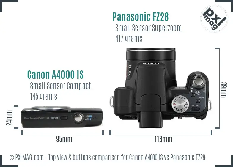Canon A4000 IS vs Panasonic FZ28 top view buttons comparison Canon A4000 IS vs Panasonic FZ28 top view buttons comparison