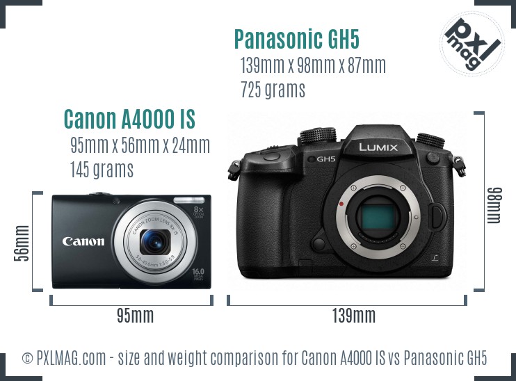 Canon A4000 IS vs Panasonic GH5 size comparison