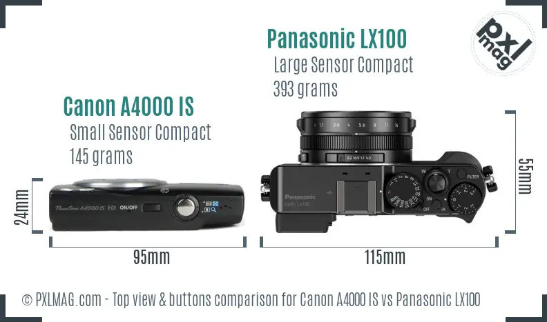 Canon A4000 IS vs Panasonic LX100 top view buttons comparison