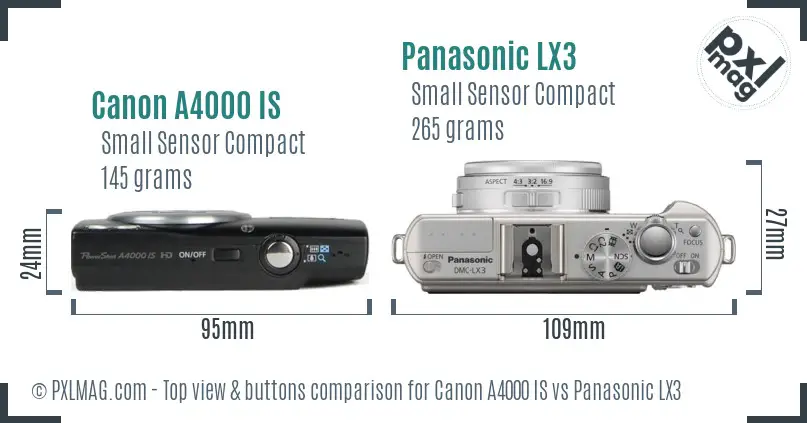 Canon A4000 IS vs Panasonic LX3 top view buttons comparison Canon A4000 IS vs Panasonic LX3 top view buttons comparison