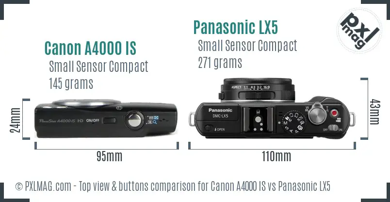 Canon A4000 IS vs Panasonic LX5 top view buttons comparison