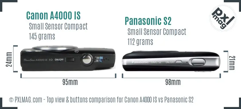 Canon A4000 IS vs Panasonic S2 top view buttons comparison Canon A4000 IS vs Panasonic S2 top view buttons comparison