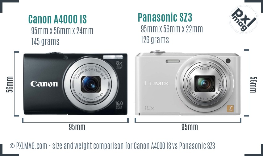 Canon A4000 IS vs Panasonic SZ3 size comparison