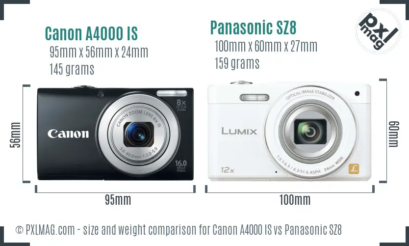 Canon A4000 IS vs Panasonic SZ8 size comparison