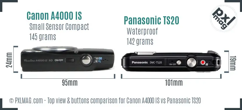 Canon A4000 IS vs Panasonic TS20 top view buttons comparison Canon A4000 IS vs Panasonic TS20 top view buttons comparison
