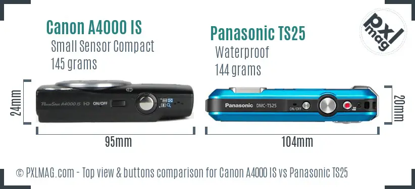 Canon A4000 IS vs Panasonic TS25 top view buttons comparison Canon A4000 IS vs Panasonic TS25 top view buttons comparison