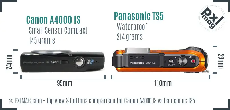 Canon A4000 IS vs Panasonic TS5 top view buttons comparison Canon A4000 IS vs Panasonic TS5 top view buttons comparison