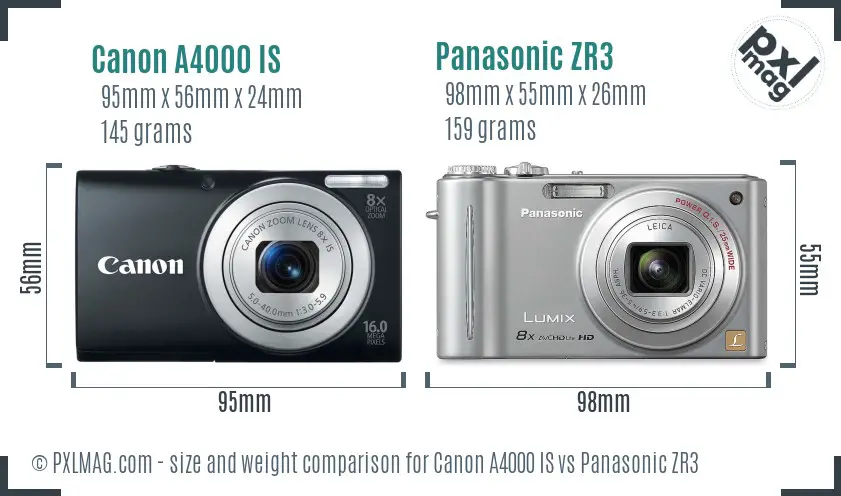 Canon A4000 IS vs Panasonic ZR3 size comparison