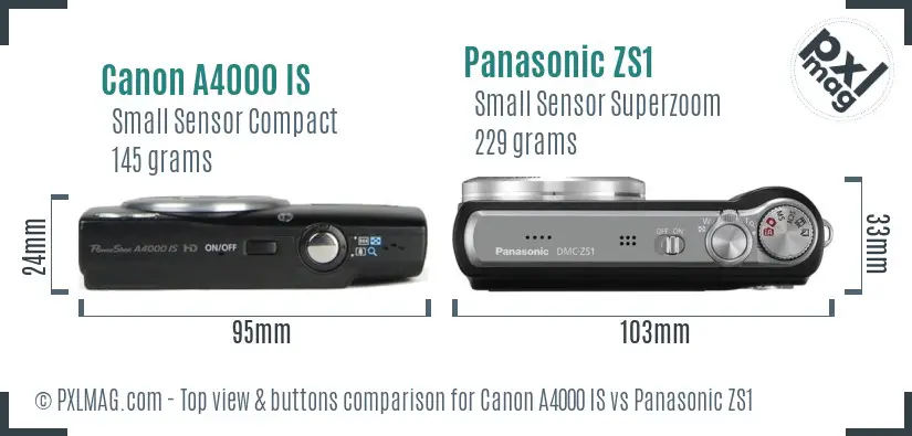 Canon A4000 IS vs Panasonic ZS1 top view buttons comparison