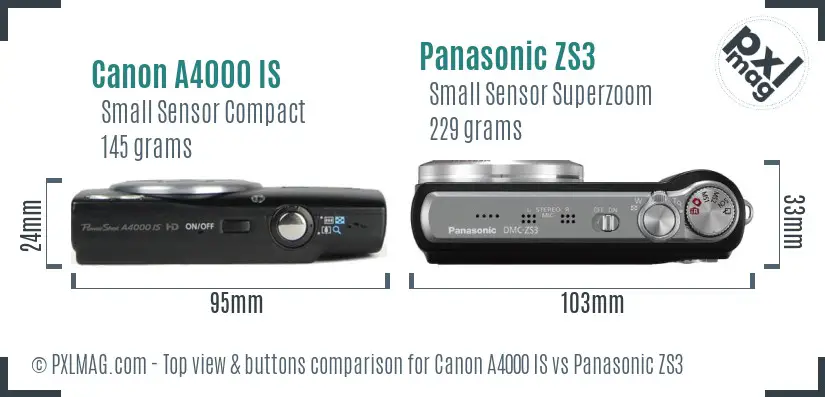 Canon A4000 IS vs Panasonic ZS3 top view buttons comparison Canon A4000 IS vs Panasonic ZS3 top view buttons comparison