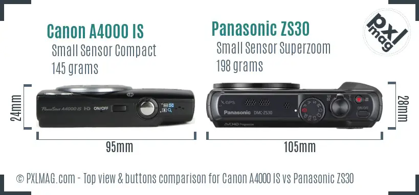 Canon A4000 IS vs Panasonic ZS30 top view buttons comparison Canon A4000 IS vs Panasonic ZS30 top view buttons comparison