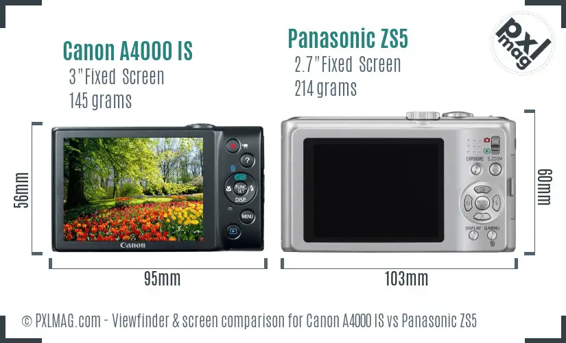 Canon A4000 IS vs Panasonic ZS5 Screen and Viewfinder comparison