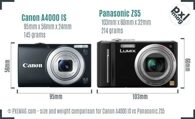 Canon A4000 IS vs Panasonic ZS5 size comparison