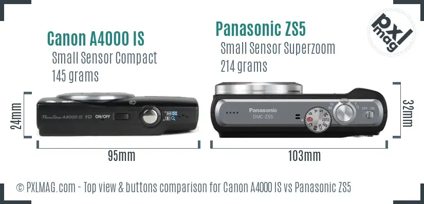 Canon A4000 IS vs Panasonic ZS5 top view buttons comparison