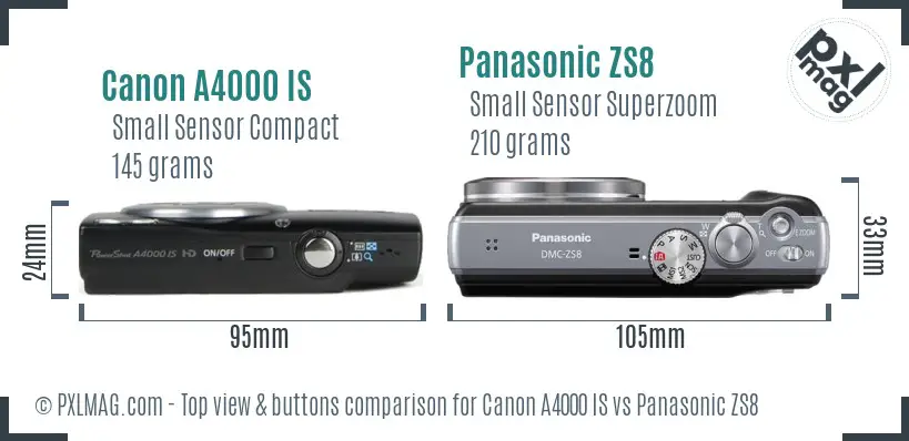 Canon A4000 IS vs Panasonic ZS8 top view buttons comparison