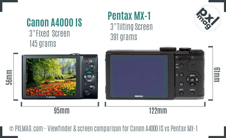 Canon A4000 IS vs Pentax MX-1 Screen and Viewfinder comparison