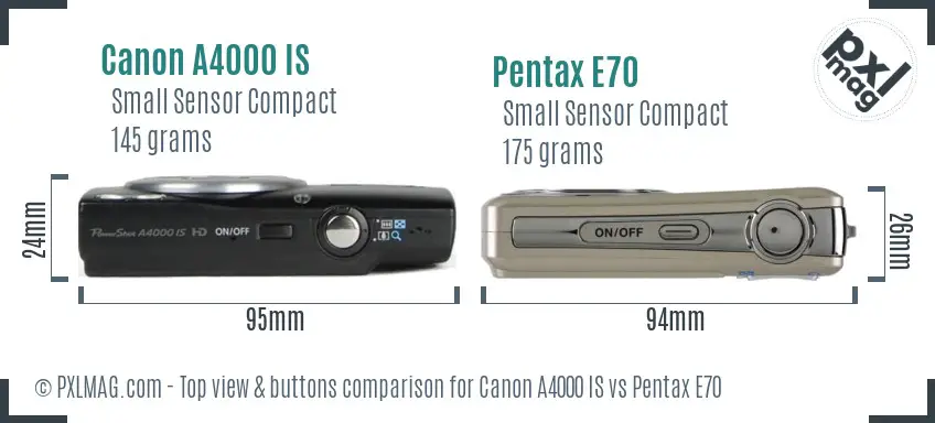 Canon A4000 IS vs Pentax E70 top view buttons comparison Canon A4000 IS vs Pentax E70 top view buttons comparison