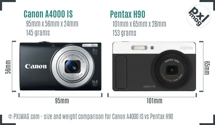 Canon A4000 IS vs Pentax H90 size comparison