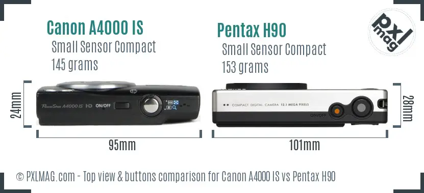 Canon A4000 IS vs Pentax H90 top view buttons comparison