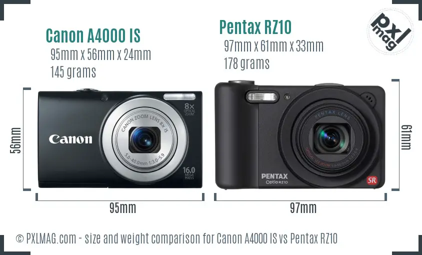 Canon A4000 IS vs Pentax RZ10 size comparison