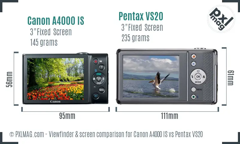 Canon A4000 IS vs Pentax VS20 Screen and Viewfinder comparison