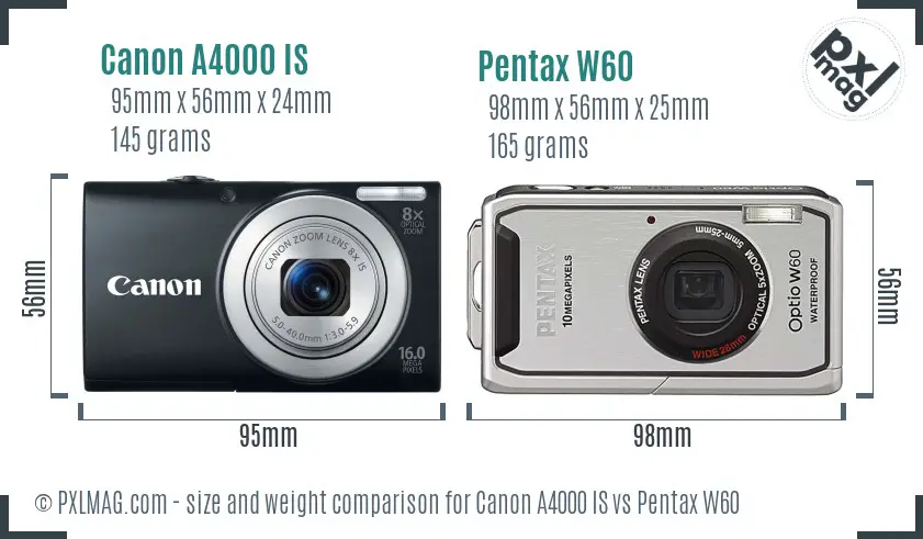 Canon A4000 IS vs Pentax W60 size comparison