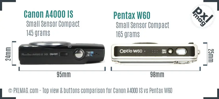Canon A4000 IS vs Pentax W60 top view buttons comparison