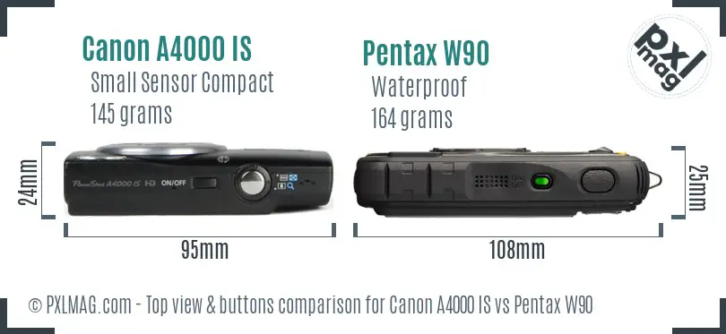 Canon A4000 IS vs Pentax W90 top view buttons comparison