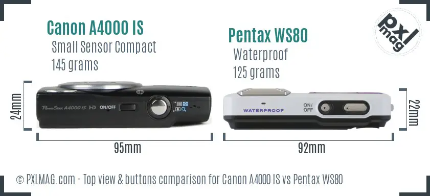 Canon A4000 IS vs Pentax WS80 top view buttons comparison Canon A4000 IS vs Pentax WS80 top view buttons comparison