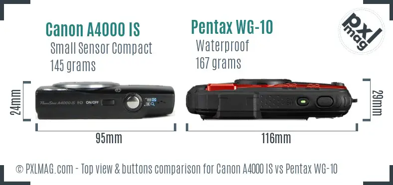 Canon A4000 IS vs Pentax WG-10 top view buttons comparison Canon A4000 IS vs Pentax WG-10 top view buttons comparison