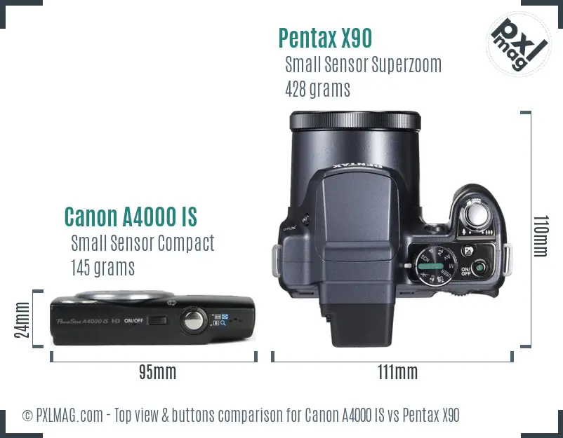 Canon A4000 IS vs Pentax X90 top view buttons comparison
