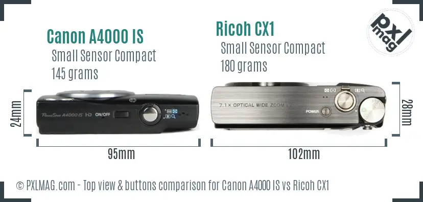 Canon A4000 IS vs Ricoh CX1 top view buttons comparison