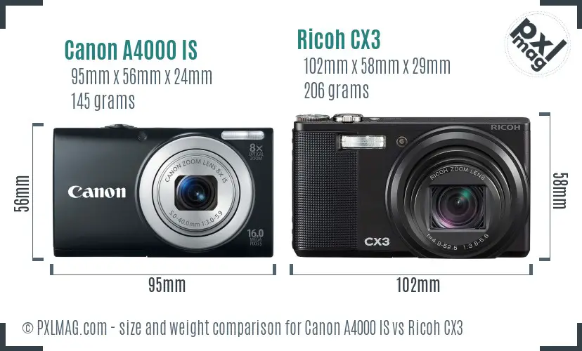 Canon A4000 IS vs Ricoh CX3 size comparison Canon A4000 IS vs Ricoh CX3 size comparison