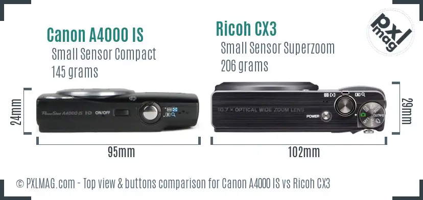 Canon A4000 IS vs Ricoh CX3 top view buttons comparison Canon A4000 IS vs Ricoh CX3 top view buttons comparison