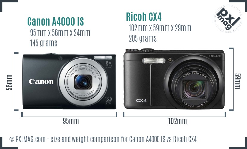 Canon A4000 IS vs Ricoh CX4 size comparison