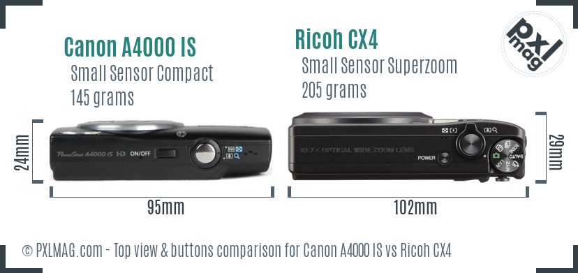 Canon A4000 IS vs Ricoh CX4 top view buttons comparison