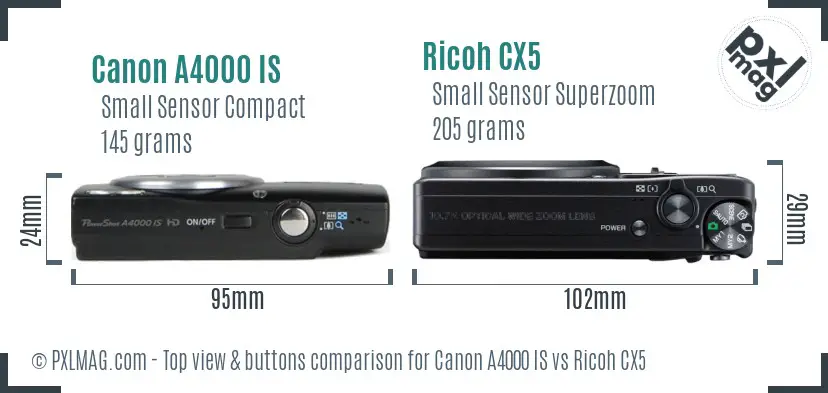 Canon A4000 IS vs Ricoh CX5 top view buttons comparison