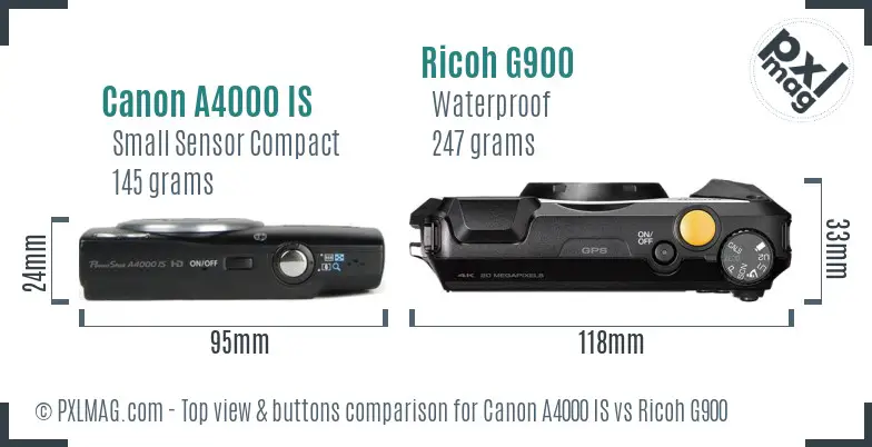 Canon A4000 IS vs Ricoh G900 top view buttons comparison