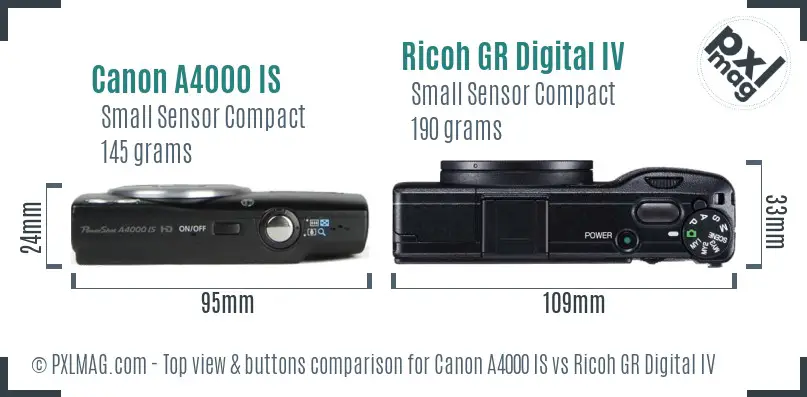 Canon A4000 IS vs Ricoh GR Digital IV top view buttons comparison