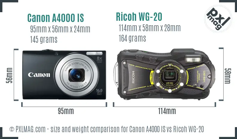 Canon A4000 IS vs Ricoh WG-20 size comparison