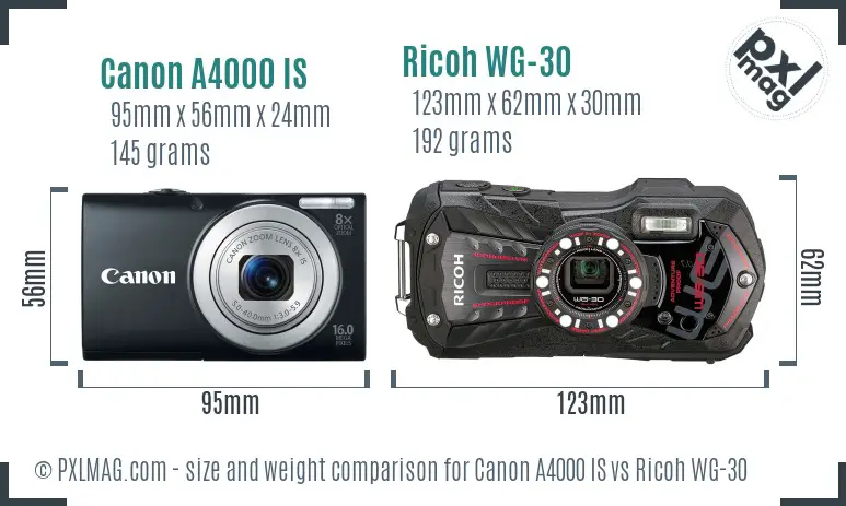 Canon A4000 IS vs Ricoh WG-30 size comparison